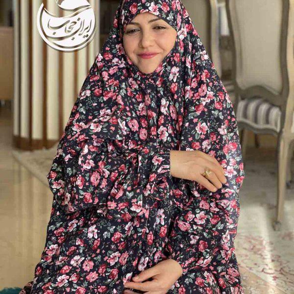 چادر نماز کودری طرح گل رز سرمه ای